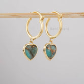 Silver Dangle Hoop Earrings, Copper Amazonite Heart Shape Drop Earring, Gold Plated Gemstone Silver Hoop Earrings, Anniversary Gift Earrings